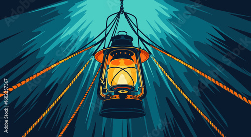 A glowing vintage lantern suspended by ropes illuminates a dark, mysterious cavern with its warm, radiating light.