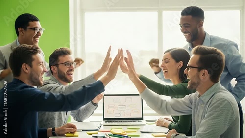Diverse business team high-fiving, celebrating project success in a modern office environment