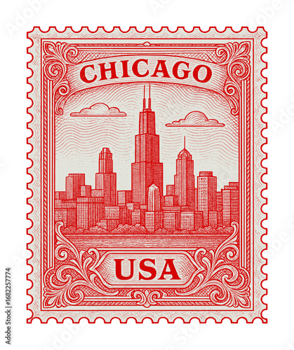 vintage postage stamp depicts chicago city - usa (sketch drawing)
