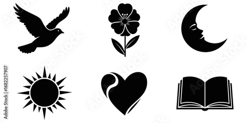 A versatile vector collection of six symbolic silhouette icons, featuring a dove, flower, crescent moon, sun, heart, and book.