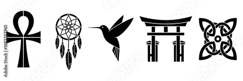 Cultural Symbols Vector Graphics, Dreamcatcher, Ankh, Torii Gate, Celtic Knot