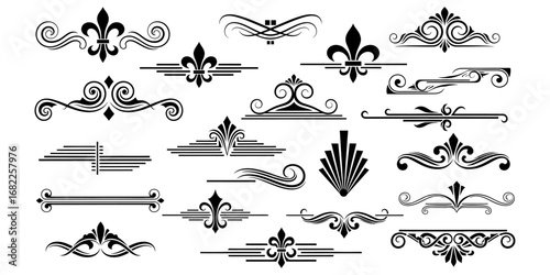 Elegant vector graphic collection, intricate scrollwork, classic fleur-de-lis, and decorative dividers, ideal for vintage design, refined typography, and graphic projects.