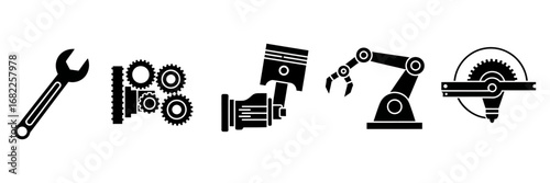 Mechanical Engineering Elements Wrench, Bearings, Piston, Robotic Arm, and Gear Mechanism, for Precision Engineering and Industry Solutions