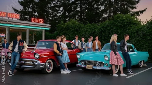 Vibrant 1950s Diner Scene: Youth, Classic Cars, & Retro Fashion at Dusk