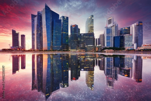 Fototapeta Naklejka Na Ścianę i Meble -  City skyline reflected in calm water at sunrise/sunset