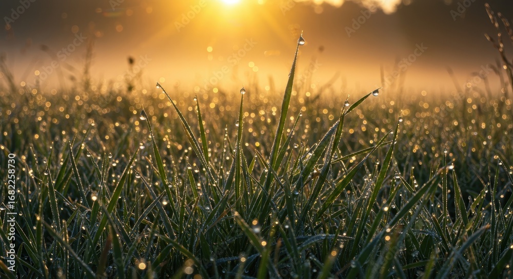 Obraz premium A field of dewy grass sparkles with morning light.