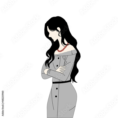 Minimalist illustration of a woman with long black hair, wearing a stylish off-shoulder grey dress and a red necklace. The simple line art and neutral tones create an elegant and modern aesthetic.