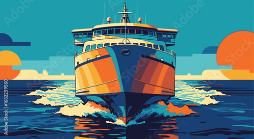 A stylized, colorful illustration of a large ferry ship sailing directly towards the viewer on the open ocean at sunrise or sunset.