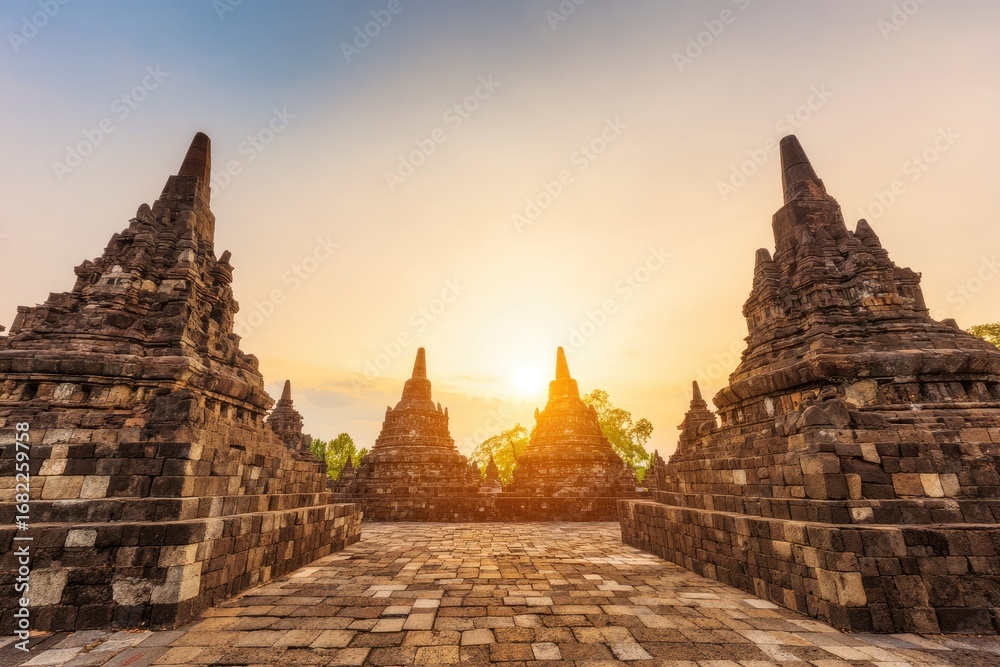 Fototapeta premium Ancient stone structures at sunset, pathway leads to central point