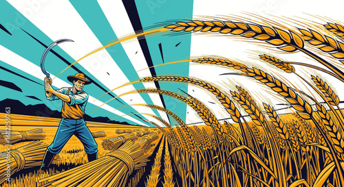 A farmer in a stylized illustration harvests a vast golden wheat field with a scythe under a striped sky.