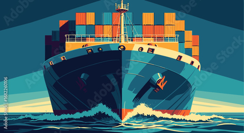 A stylized illustration of a massive container ship sailing directly towards the viewer on the open sea.