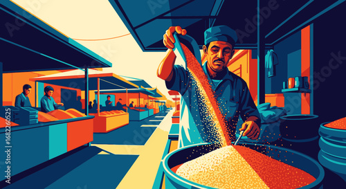 A vendor pours colorful grains and spices into a large barrel at a bustling outdoor market stall.