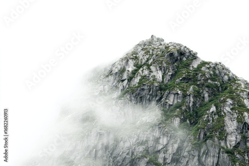 Misty mountain peak, rugged texture, verdant vegetation