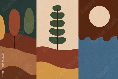 Abstract landscape triptych with stylized trees, hills, and a moonlit sea