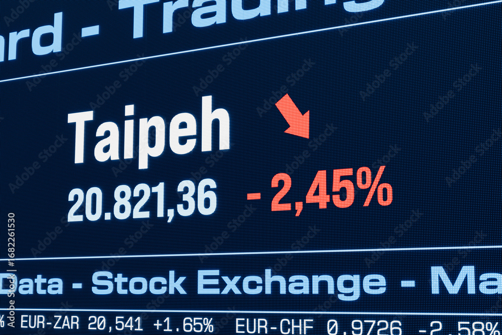 Obraz premium Taipeh stock index moving down. Falling Taiwanese share prices, bearmarket, reduction, investment, business, crash, loss, crisis, stock market data. 3D illustration