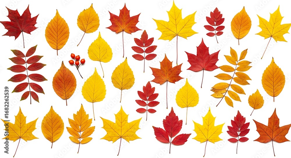 Fototapeta premium Collection of colorful autumn leaves arranged in a grid pattern