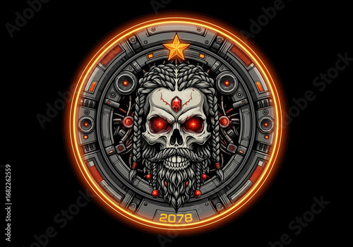 Vector art of cyberpunk skull with glowing red eyes and intricate mechanical details, set within a circular frame with futuristic elements and the year 2078