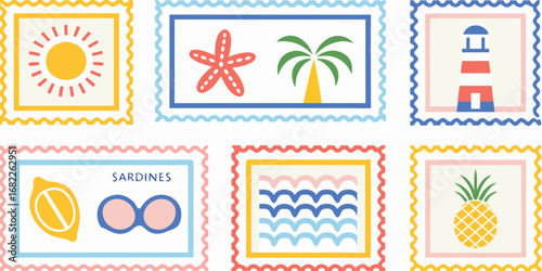 Collection of six colorful flat design postage stamps featuring summer vacation and travel themes