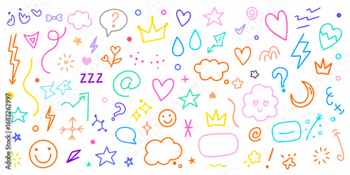 Collection of colorful hand drawn doodle icons and symbols on a white background