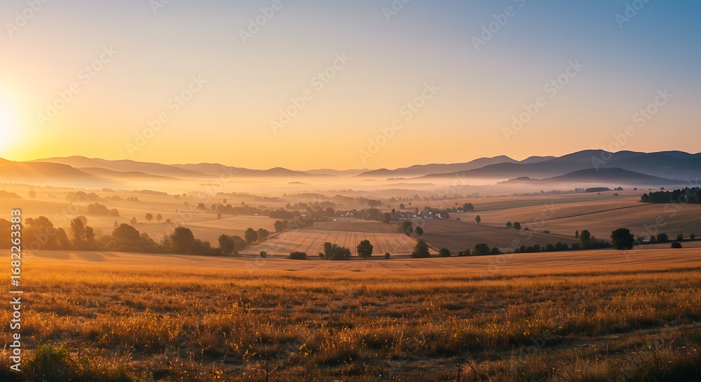 Obraz premium Golden Sunrise Over Rolling Hills and Foggy Valley