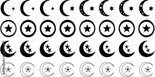 Collection of crescent moon and star icons in various styles and arrangements