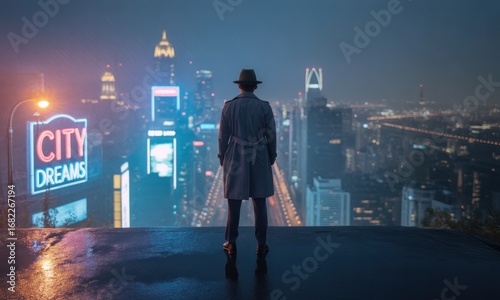 Figure gazes at neon-lit city skyline from rooftop vantage point