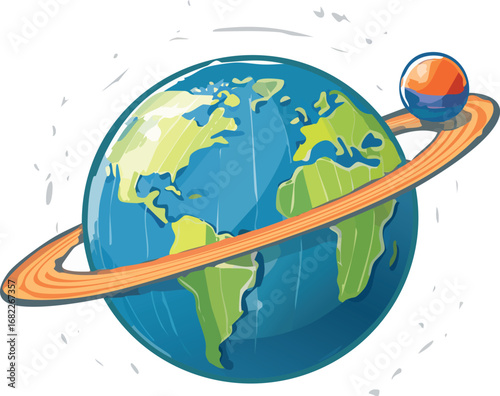 Cartoon Earth with a ring, orbiting a smaller planet, in a stylized space illustration.