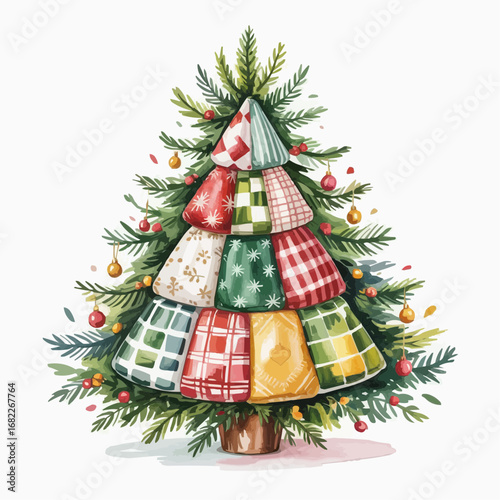 watercolor clipart of a Christmas with patchwork prints 