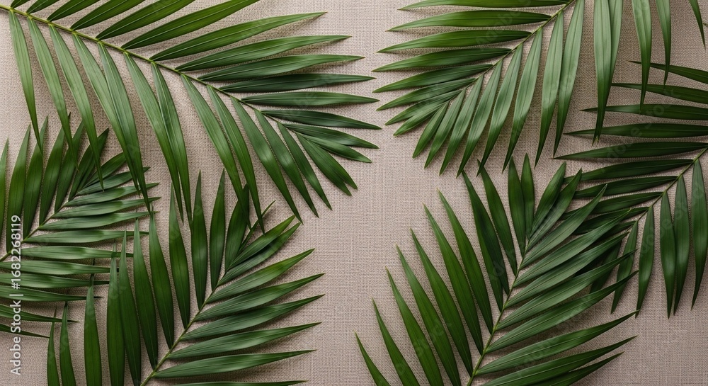 Fototapeta premium Fresh green palm fronds arranged artfully on a light beige background.