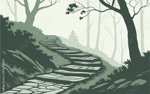 Vector artwork of a foggy forest path with natural stone steps and soft morning mist.