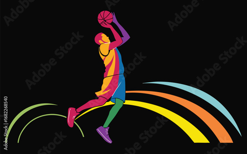 Vibrant silhouette of a basketball player in mid air shooting a ball.