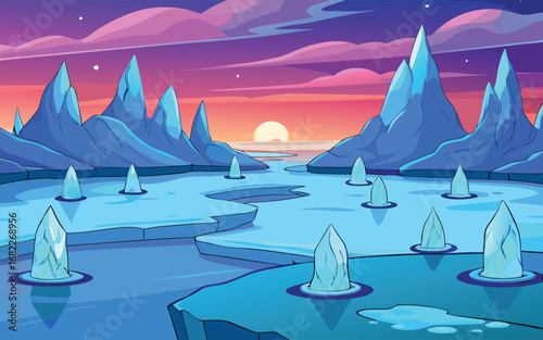 4K vivid vector of glowing blue ice formations rising from a frozen lake under pink twilight