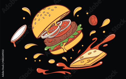 Dynamic cheeseburger with saucy splashes and floating toppings on white
