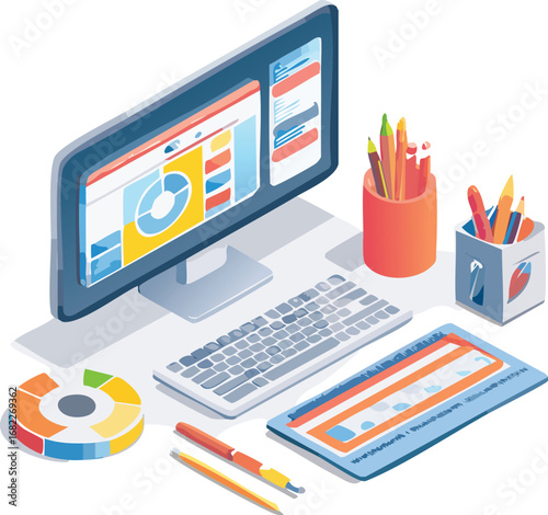 Isometric illustration of a computer workstation with various office supplies.