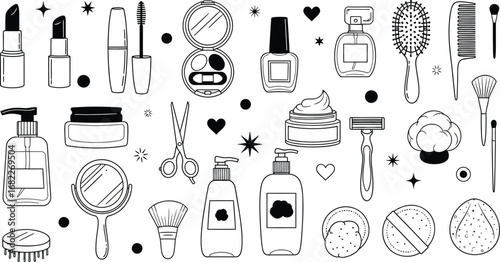 Collection of outlined beauty and cosmetic products including makeup and skincare items on white