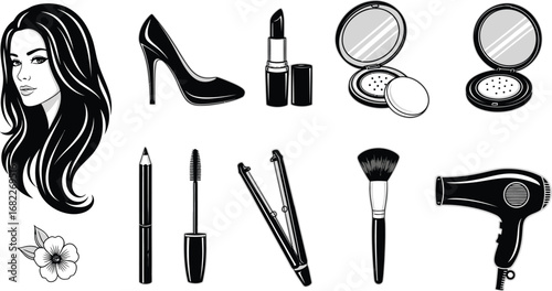 Illustration of a woman with makeup items like lipstick, brush, and hair dryer on white background