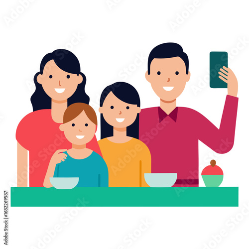Family taking a selfie together at a meal