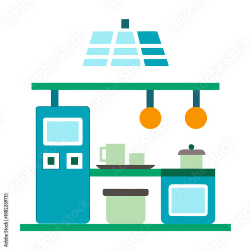 Modern kitchen shelf with appliances and utensils illustration