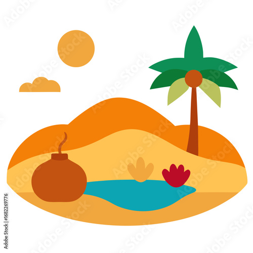 Desert oasis with palm tree bomb and water