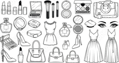 A collection of fashion and beauty items in black and white outline style illustration design