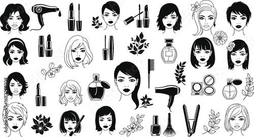 Collection of beauty and hair care items including makeup and styling tools in black and white