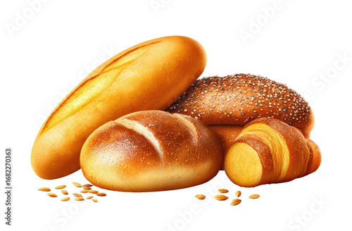 Assorted baked goods, various types of bread, including a long loaf, rolls, and a sweet bun, displayed together.  Golden-toned, freshly baked appearance.  Scattered grains at base