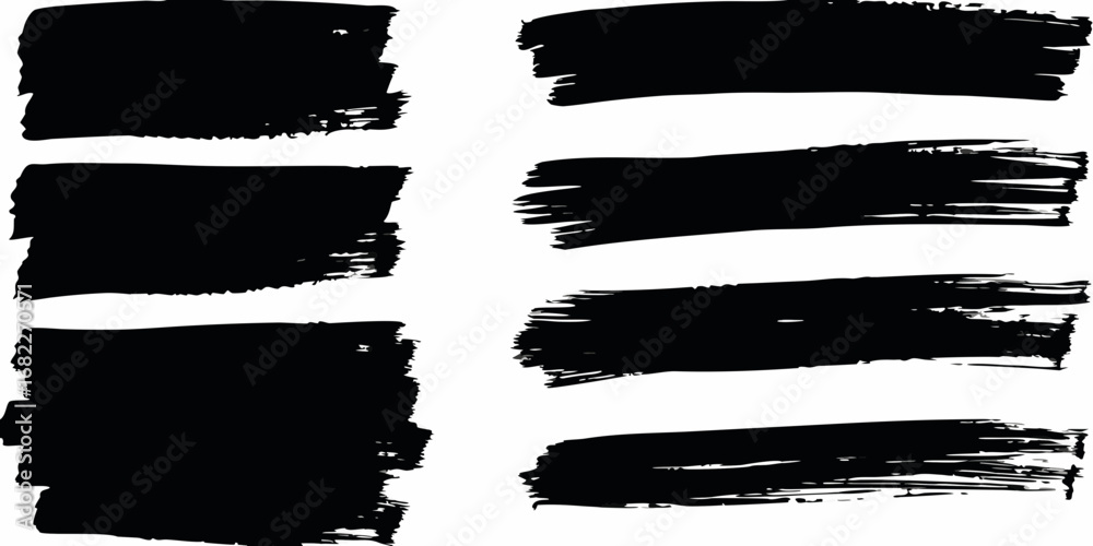 Collection of seven black brush stroke paint splatters and grunge textures on white background