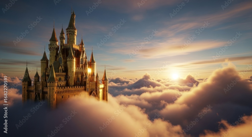 Fototapeta premium Golden castle peaks from clouds, sunset sky, fairytale, whimsical, majestic