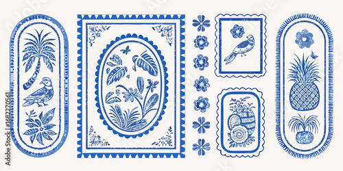 Collection of blue and white chinoiserie style illustrations featuring tropical flora and fauna