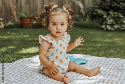 Adorable toddler girl with curly hair and bows sitting on a picnic blanket outdoors in the grass
