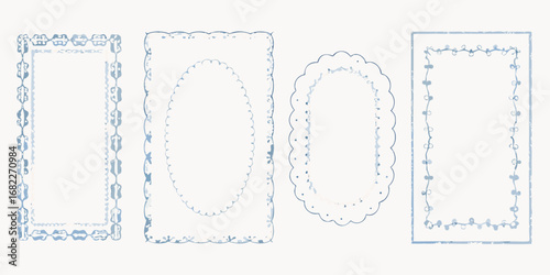 Collection of four decorative hand drawn frames with blue watercolor elements and scalloped edges