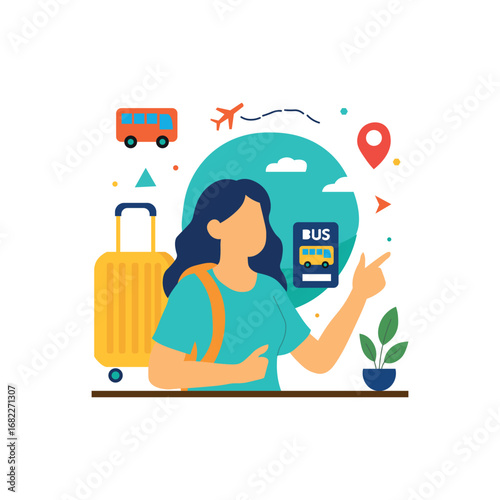Woman planning travel adventure with luggage, bus, and location icons