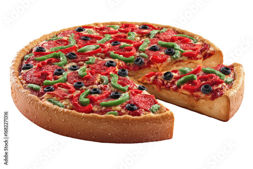 A large, round pizza with a deep dish crust, laden with various toppings, including sliced pepperoni, red bell peppers, green bell peppers, olives, and tomato. A slice has been removed from the pie