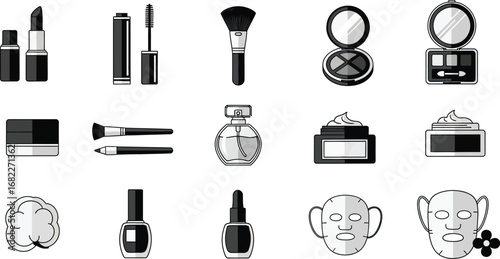 Various beauty and makeup products displayed in a monochrome vector illustration style on white background